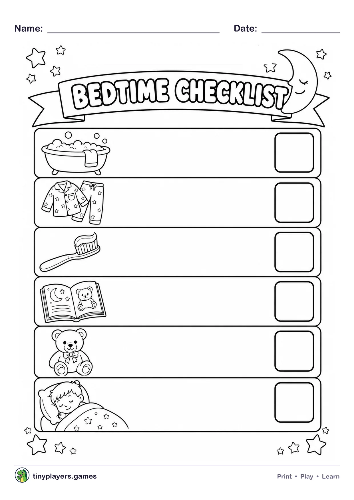 Bedtime Checklist printable sheet