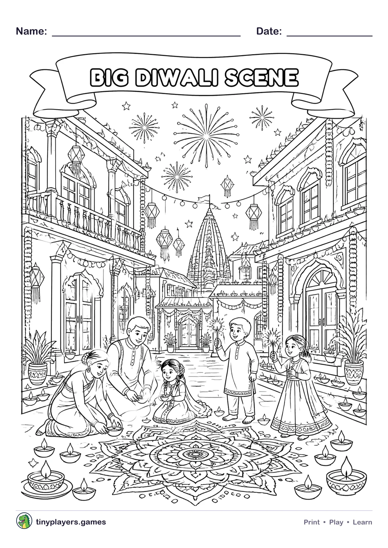 Big Diwali Scene printable sheet