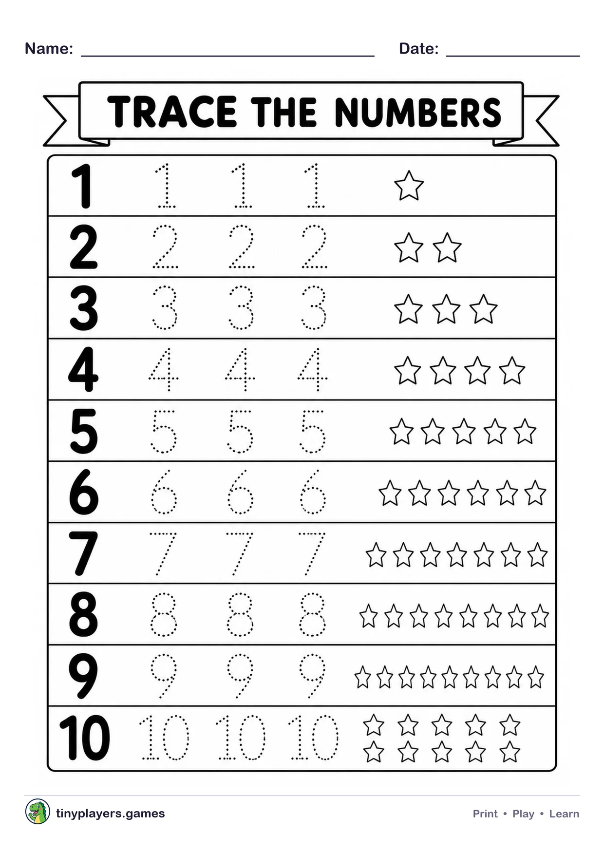 Number Tracing 1–10 printable sheet