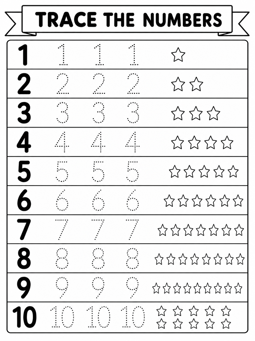 Number Tracing 1–10 printable sheet