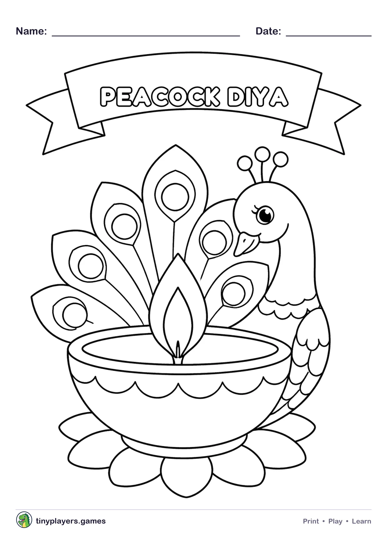Peacock Diya Drawing printable sheet