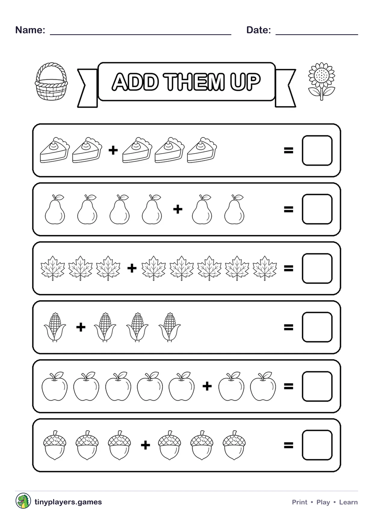 Thanksgiving Addition printable sheet