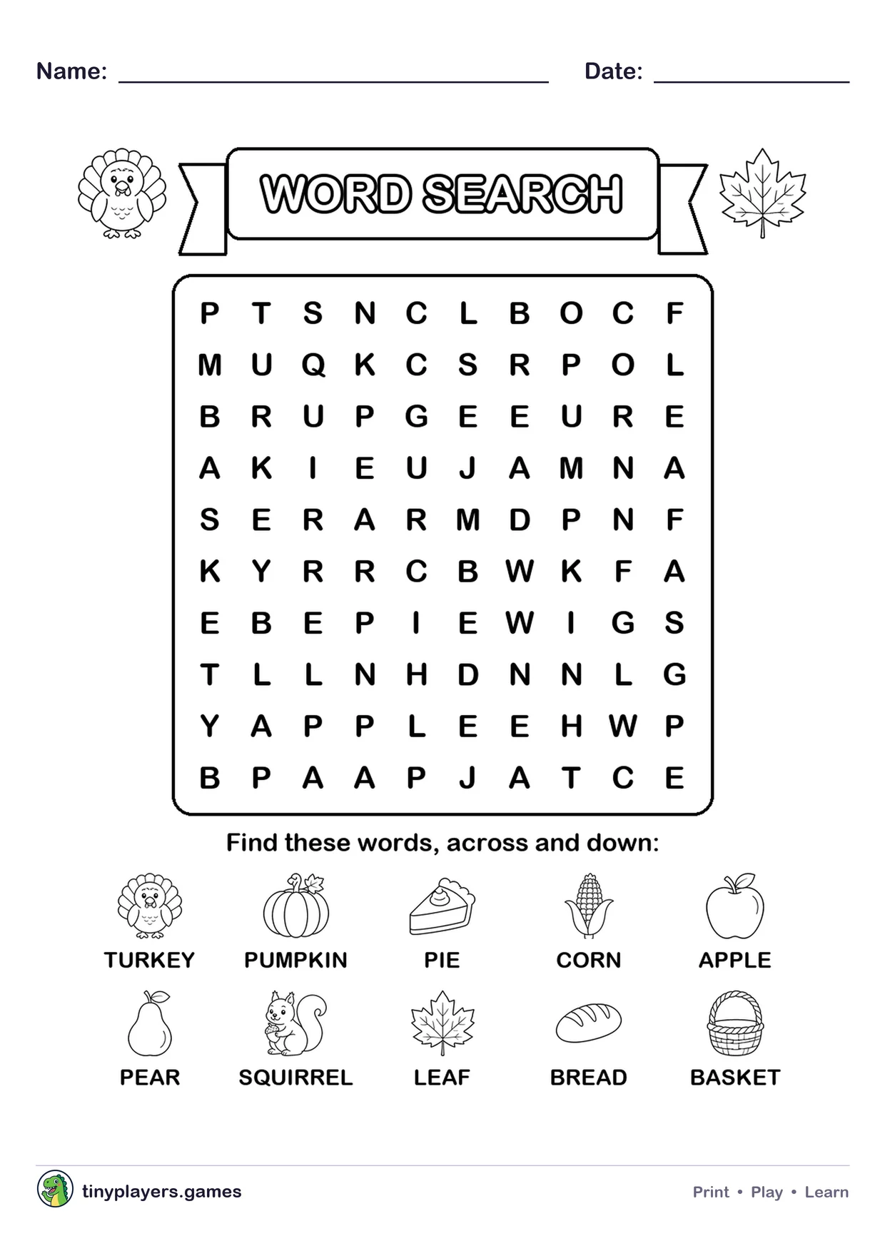 Thanksgiving Word Search printable sheet