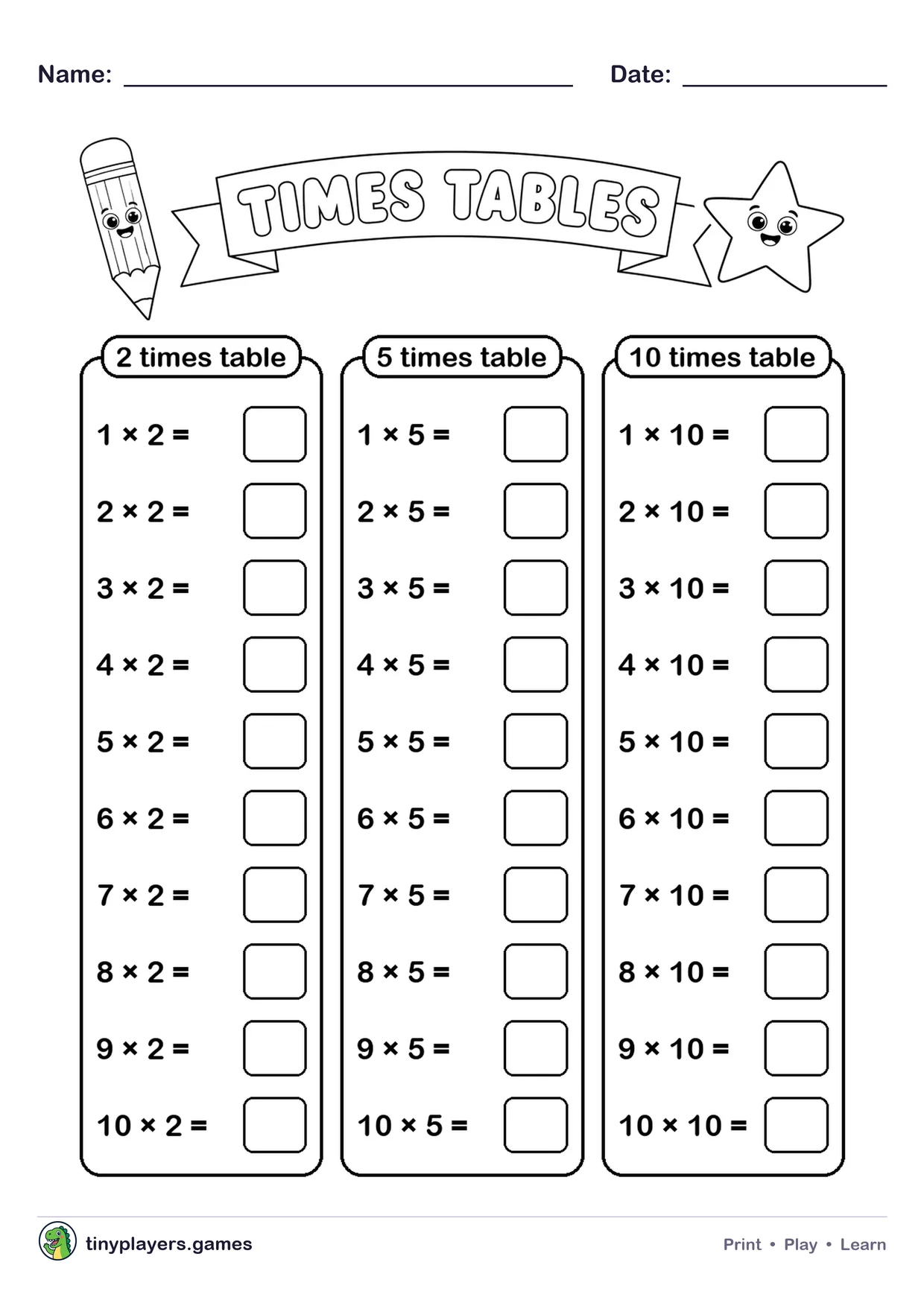 Times Tables printable sheet