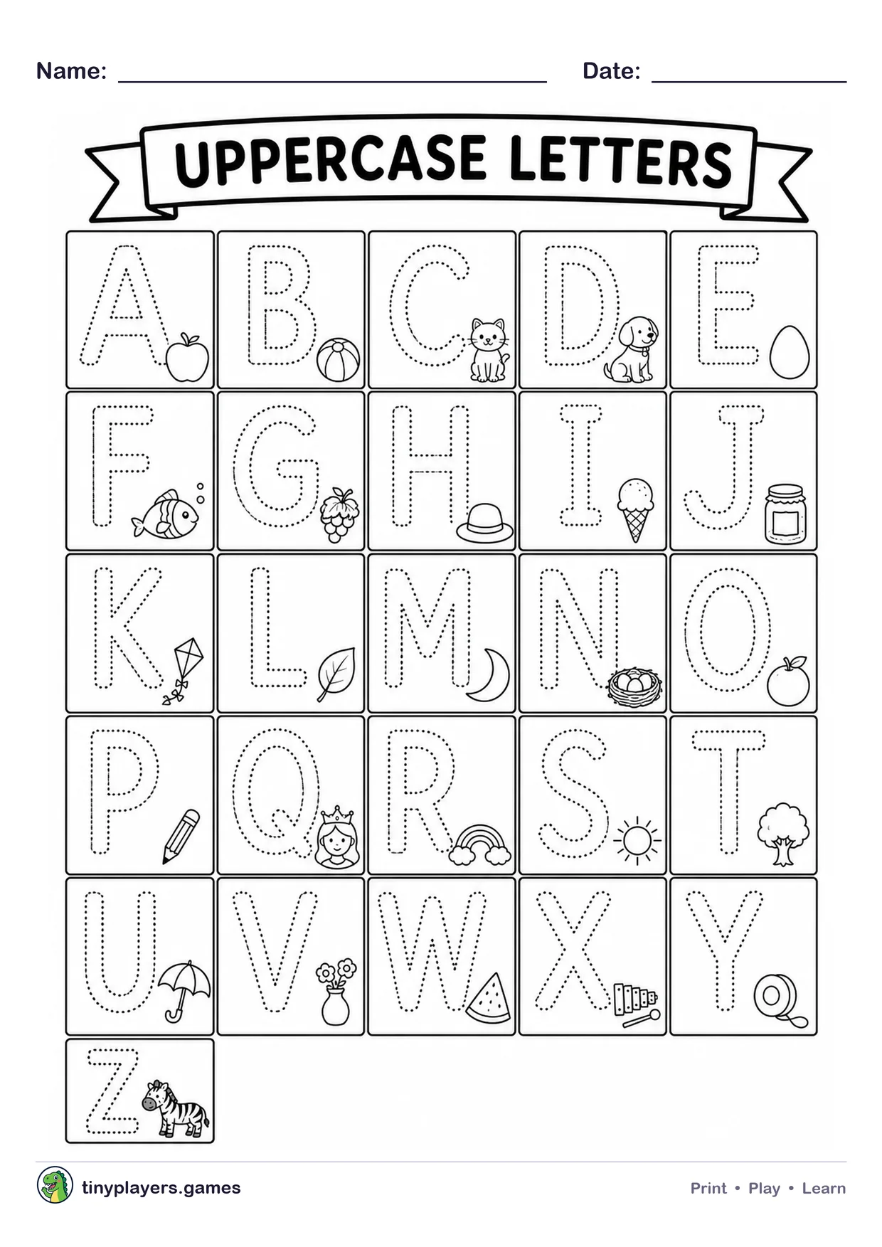 Uppercase A to Z printable sheet